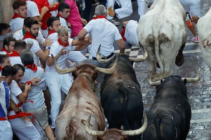 Los mozos tratan de zafarse de los toros de la ganadería gaditana de La Palmosilla.