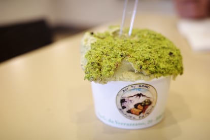 Helado de pistacho, en la pastelería f.lli Gangi, de Bronte. Hasta allí peregrinan los amantes del pistacho para probar el fruto en todas sus versiones.