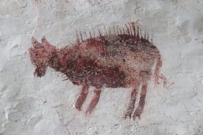 Detalle del dibujo de un jabalí, uno de los animales del conjunto.