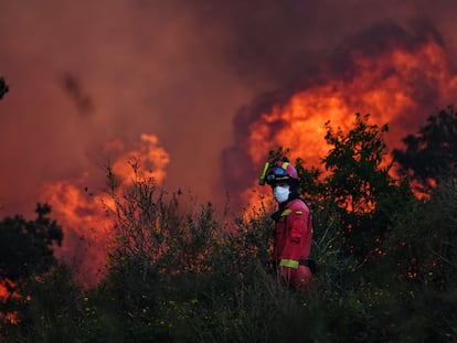 Un bombero en el incendio del Anllarinos del Sil, en León, el 21 de agosto.