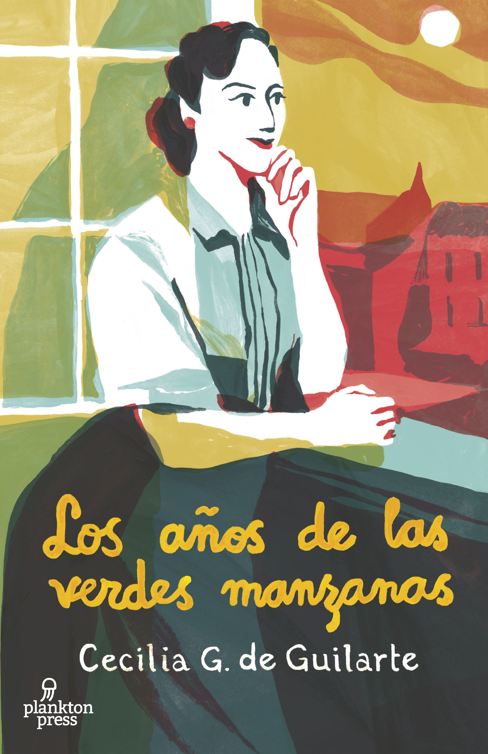 cubierta de Los años de las verdes Manzanas de Cecilia G de Guilarte. Retrato ilustrado de la autora asomada a una...