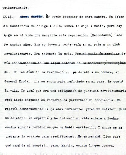 Fragmento de la obra inédita de Luis Rosales '¿Por qué?', donde el personaje Luis confiesa haber delatado a su amigo. Fotografía cedida por Noemí Montetes-Mairal.