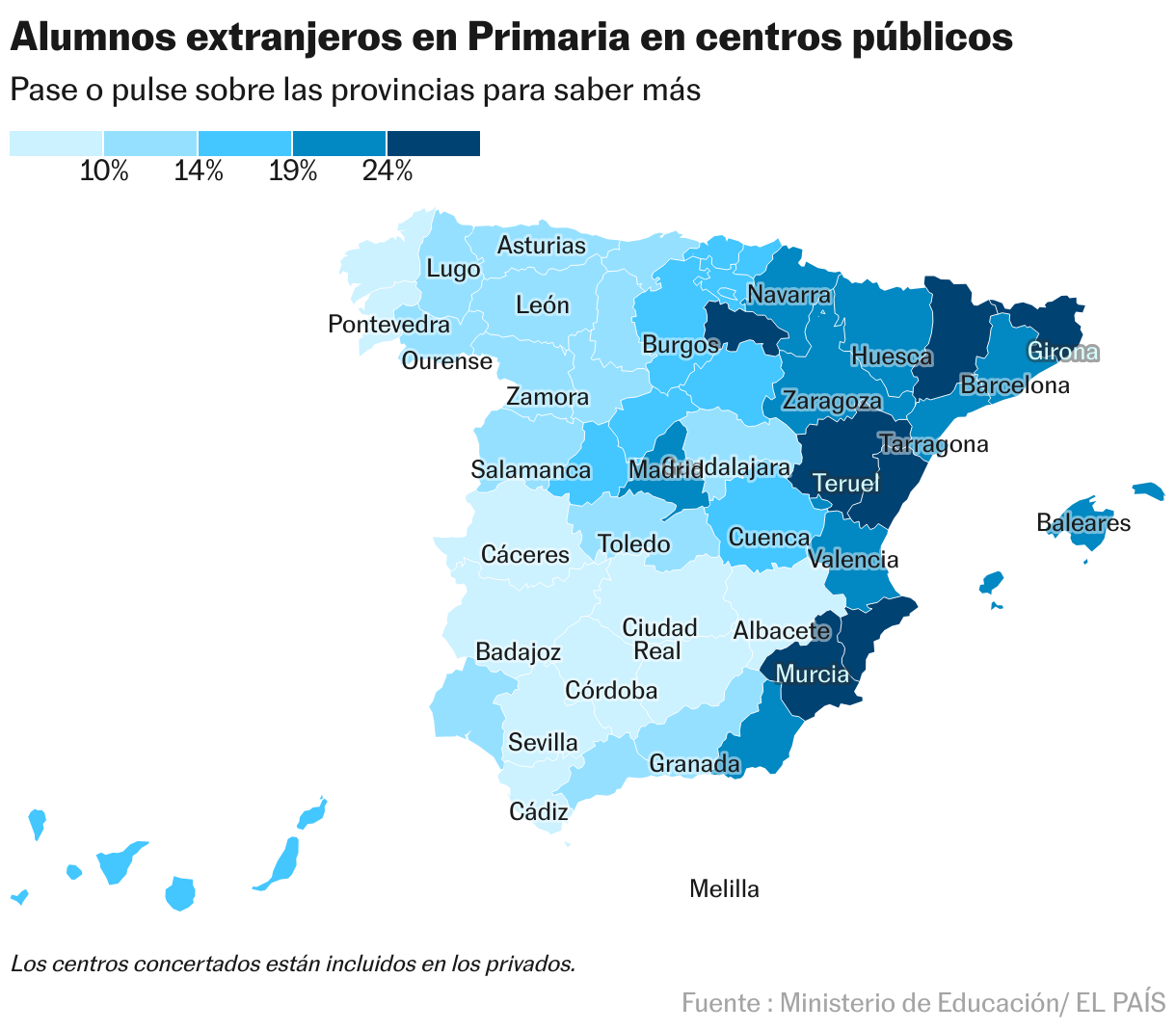 Alumnos extranjeros en Primaria en centros públicos (Mapa coroplético)