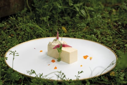 Terrina cremosa de puerros y langostinos con salsa tártara, de Origen, el restaurante más popular de David Yárnoz.