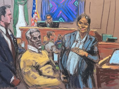 Sean Combs y Casandra Ventura, en un boceto del juicio contra el músico celebrado en Nueva York, el 15 de mayo de 2025.