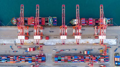 Container ships at Qianwan terminal in Qingdao Port, Shandong, China, on October 24, 2025.