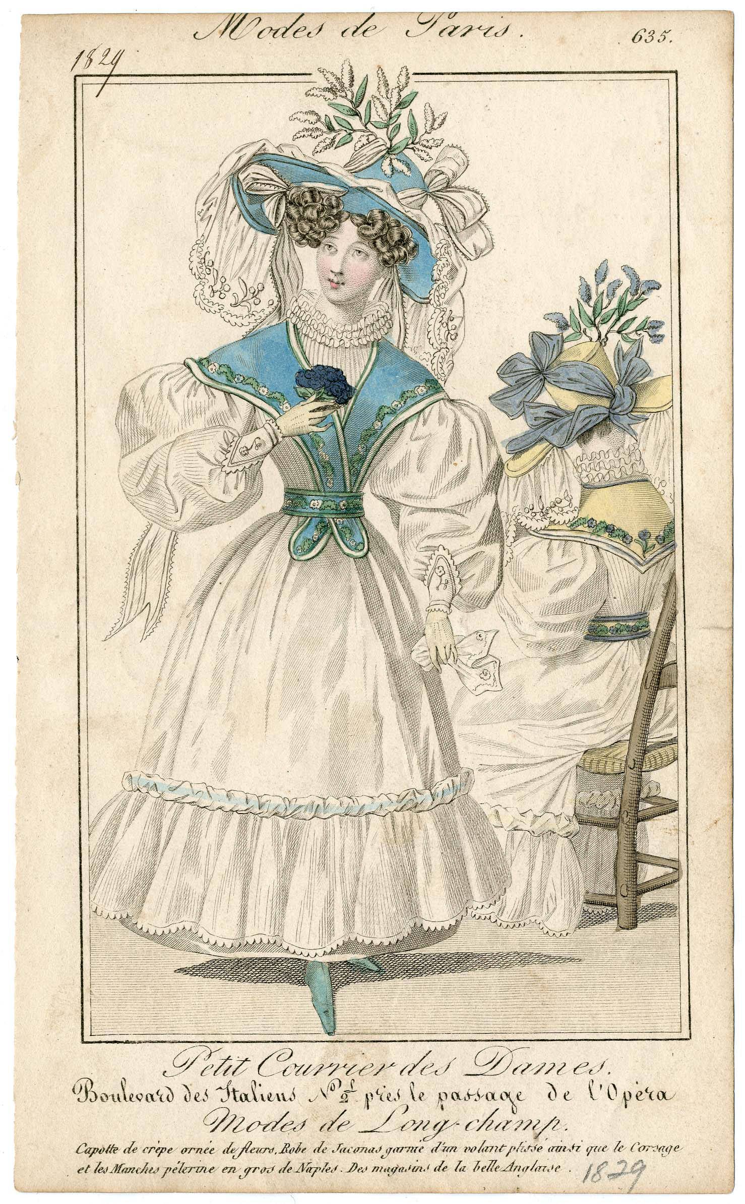 Ilustración de modas entre 182729 con un accesorio al cuello cruzado a la altura del pecho del museo Met de Nueva York.