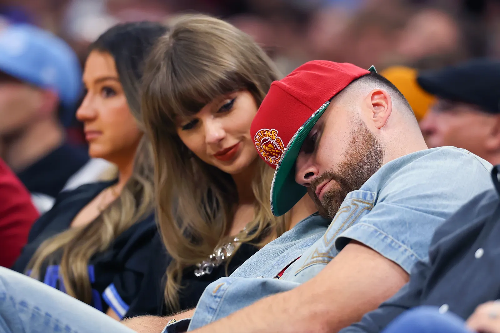 CLEVELAND OHIO MAY 23 Singer Taylor Swift and Travis Kelce of the Kansas City Chiefs attend Game Three between the New...